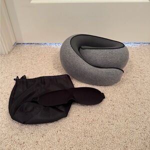 Grey Travel Neck Pillow with Black Eye Mask and Storage Bag